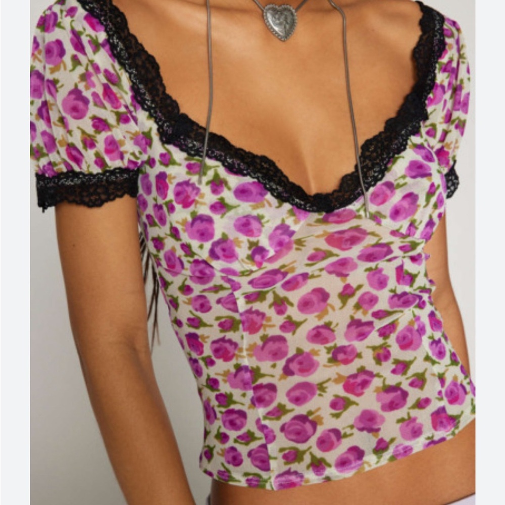 Kimchi Blue Purple Floral Blouse with Black Lace